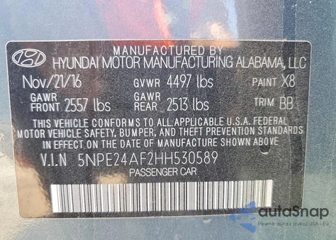 2017 Hyundai Sonata Se z USA, uszkodzony, nr VIN 5NPE24AF2HH530589